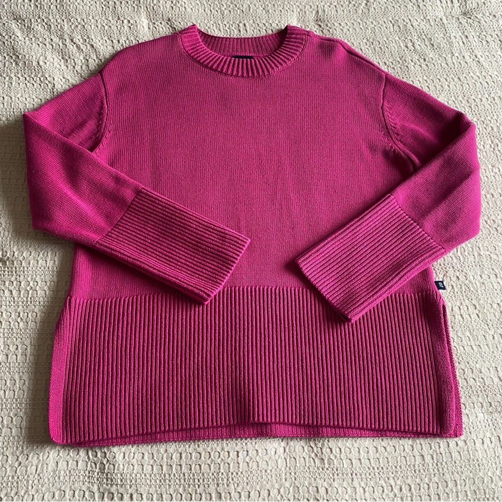 Gap 100% Cotton Split Hem Ribbed Crew Neck Sweater Pink Small Tunic Oversized